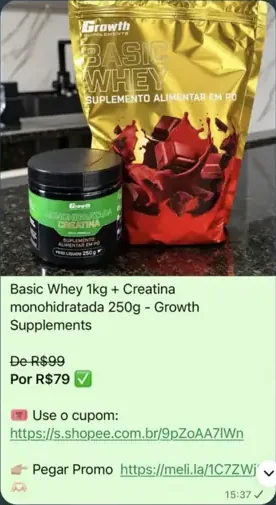 Exemplo real do grupo: Whey e creatina Growth