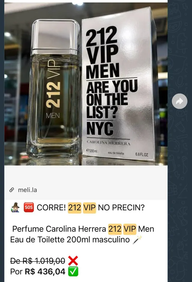 Perfume Carolina Herrera 212 VIP Men de R$1.019 por R$436,04